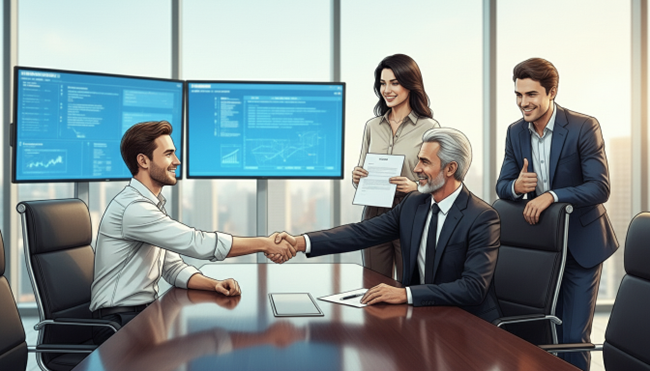 握手をする経営者とCxO候補者のイメージ