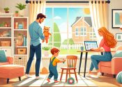 男性が4歳の子どもと遊び、女性がリモートワークをしている共働き夫婦の様子