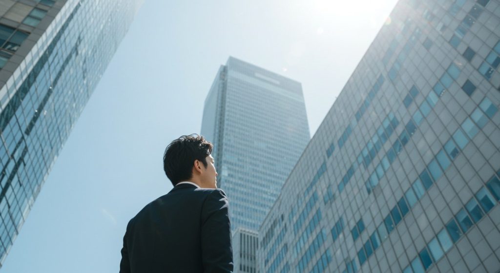 転職先の候補企業を見上げるキャリア志向のビジネスマン