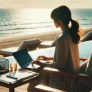 午後から観光するため、午前中はワーケーションとして業務をしている女性ビジネスパーソン