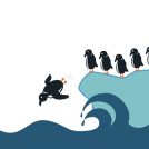 リスクを承知で海に飛び込むファーストペンギンを描いたイラスト